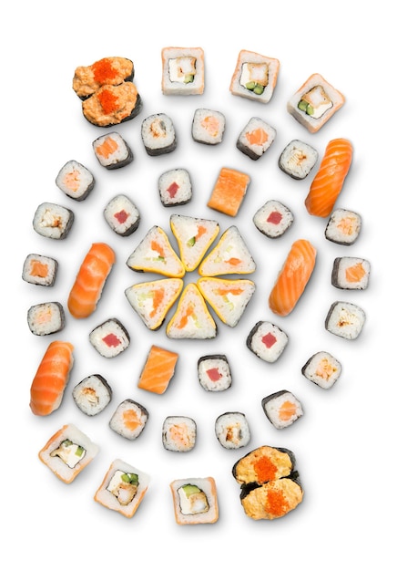 Sushi big party platter isolated on white background. Japanese food restaurant delivery - maki, unagi and california rolls set placed in circle, top view