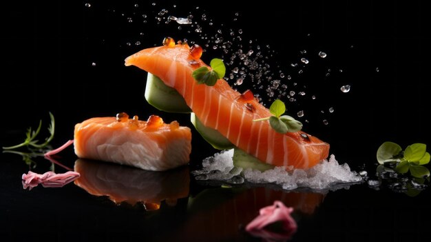 Sushi on black background in in kaleidoscope style Sushi art Beautiful serving Rice and fish