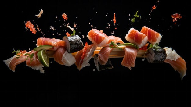 Sushi on black background in in kaleidoscope style Sushi art Beautiful serving Rice and fish