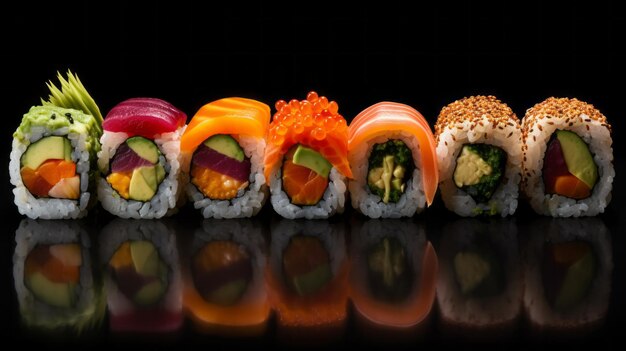 Sushi on black background in in kaleidoscope style Sushi art Beautiful serving Rice and fish