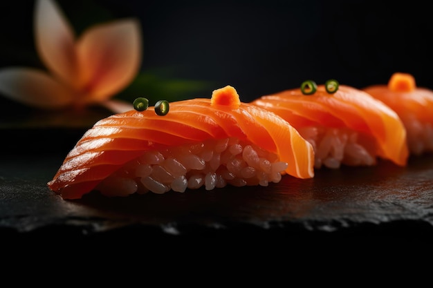 Sushi on a black background with a green eye