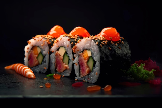 Sushi on a black background with a red sauce and a white sauce.