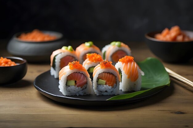 Sushi on a black plate