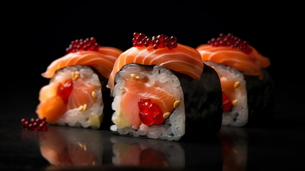 Sushi on a black table with a red rose on top