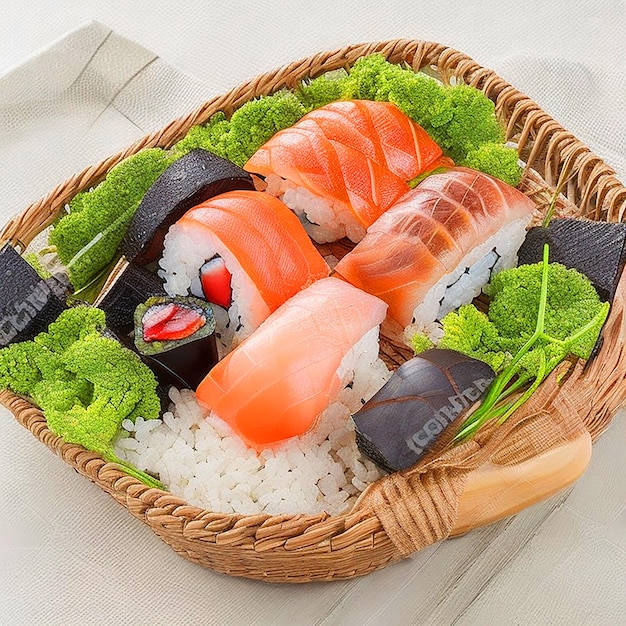 Sushi on a black wicker basket white background image download