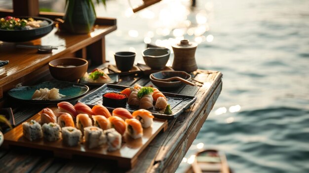 Sushi Boat against a waterfront terrace