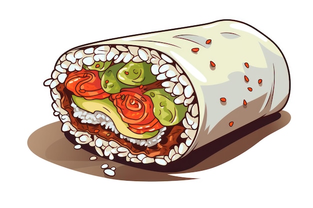 Foto iconica del sushi burrito su sfondo bianco