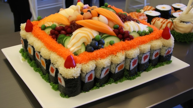 A sushi cake with a variety of different toppings.