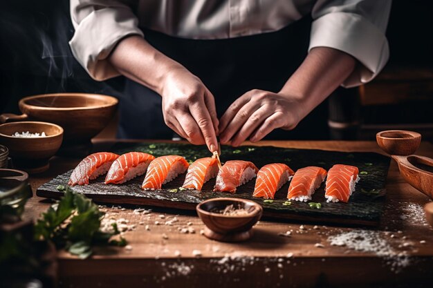 Foto sushi-chef bereidt blauwvintonijnrollen met rijst en nori voor