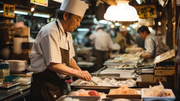 Photo a sushi chef carefully prepares a dish of sushi for his customers he uses only the freshest ingredients and takes great pride in his work