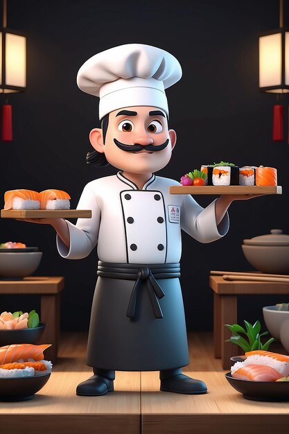 Sushi Chef Cartoon Character 3D Animatie Illustratie Gids