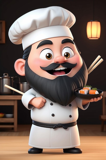 Photo sushi chef cartoon character 3d animation illustration guide