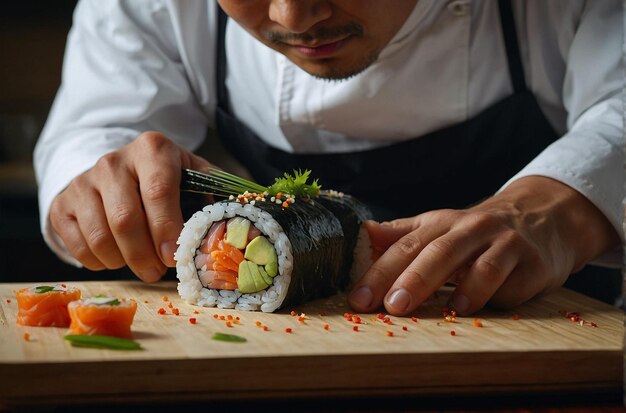 Sushi chef crafting a delicate roll