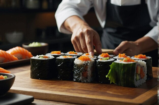 A sushi chef crafting sushi rolls with precision