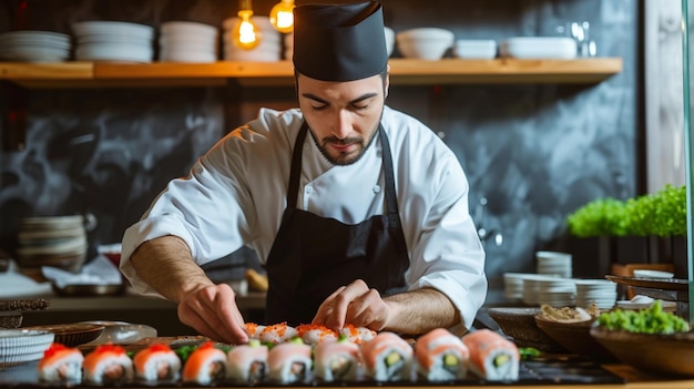 Sushi chef keuken achtergrond met kopieerruimte