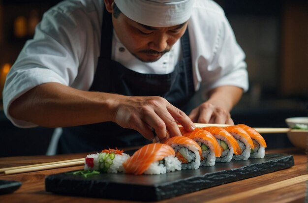 Foto sushi chef-kok die een delicate rol maakt