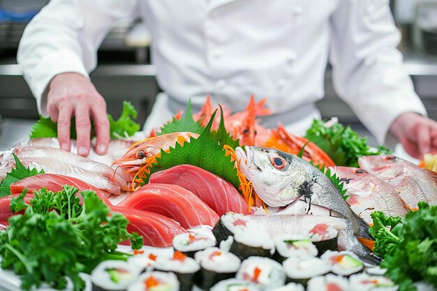 写真 寿司のシェフがワサビと大豆ソースで生魚の美味しさをプレゼントしている