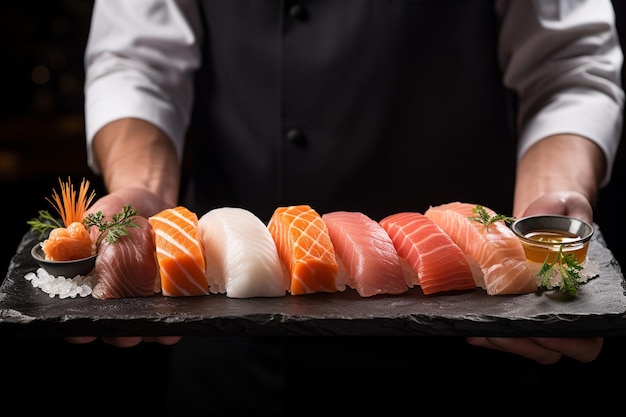 高級な高品質の魚の皿を提示する寿司シェフ