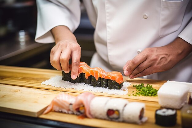 Foto un chef di sushi presenta un piatto di pesce di alta qualità