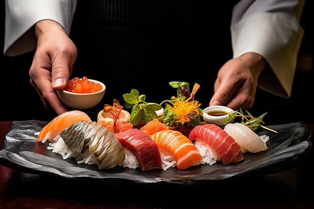 Foto un chef di sushi presenta un piatto di pesce di alta qualità