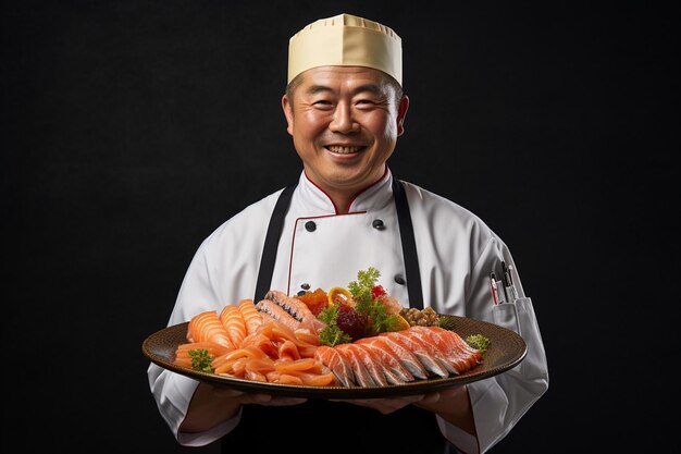 Photo a sushi chef presenting a platter of premium highgrade fish