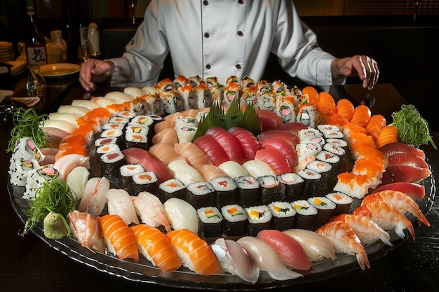 Sushi chef presenting a platter of raw fish delicacies with wasabi and soy sauce