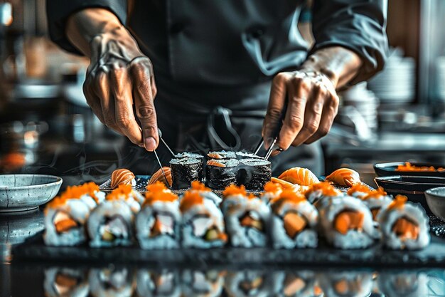 Foto chef di sushi che presenta un piatto di prelibatezze di pesce crudo con wasabi e salsa di soia