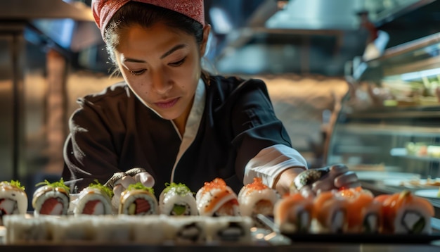 Foto un cuoco di sushi che prepara con abilità la delicata cucina giapponese