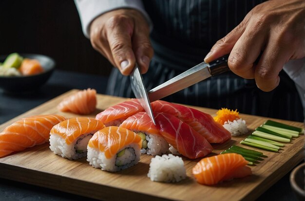 Шеф-повар суши нарезает свежую рыбу для суши