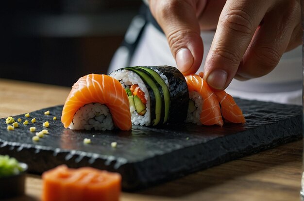 A sushi chef slicing vegetables for sushi rolls