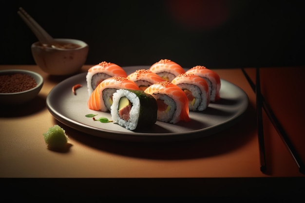 Sushi and chopsticks with fresh seafood on a gourmet plate Ai generative