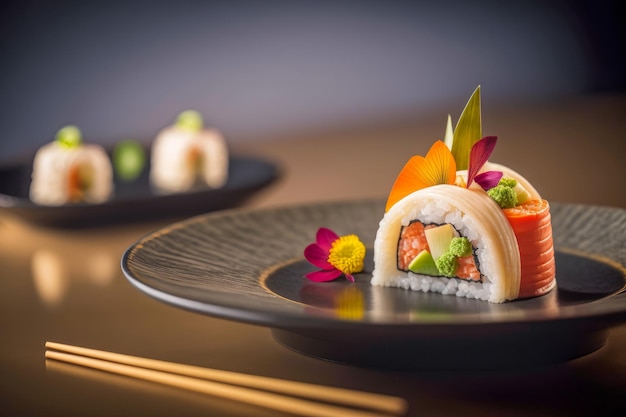 A sushi dish with a green leaf on top