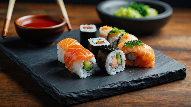 Sushi displayed on a slate with chopsticks and dipping sauce