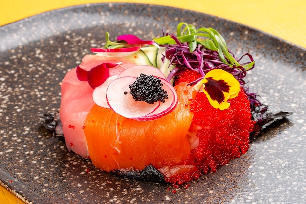Sushi donut on a ceramic plate Sushi trend Creative food