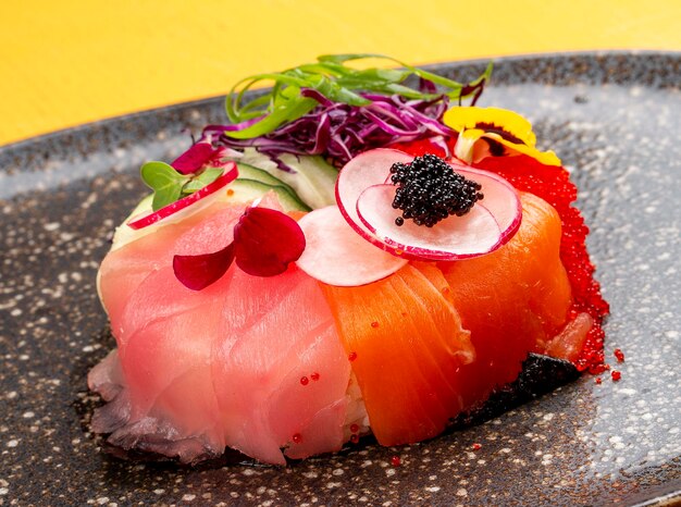 Sushi donut on a ceramic plate Sushi trend Creative food