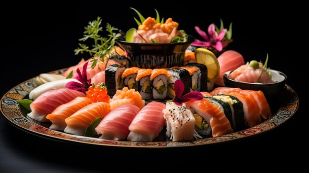 Foto sushi elegance squisita disposizione di piatto di sushi su uno sfondo scuro elegante