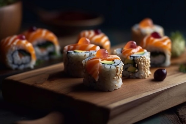 Sushi en broodjes op een houten bord Close-up van sushi en broodjes Generatieve AI