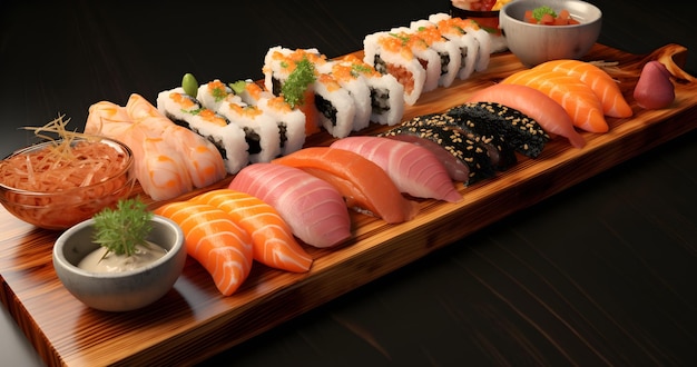 sushi en sashimi op een houten schotel