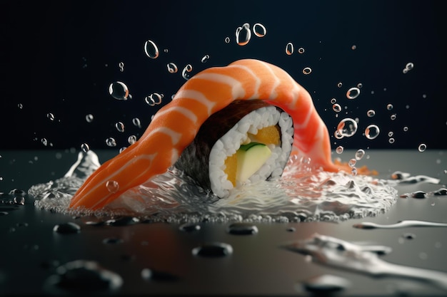 Sushi and fish tenderloin with a drop of soy sauce Closeup shot emphasizing the freshness and gourmet quality of the meal Ai generative