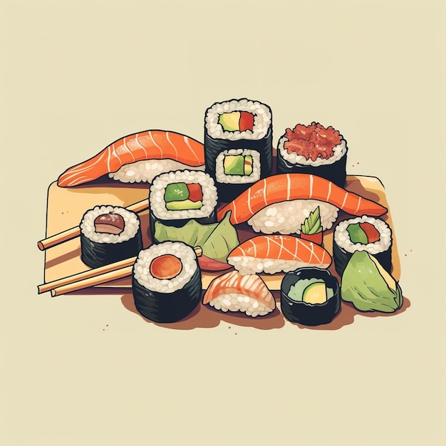 Foto disegno animato illustrativo vettoriale piatto di sushi