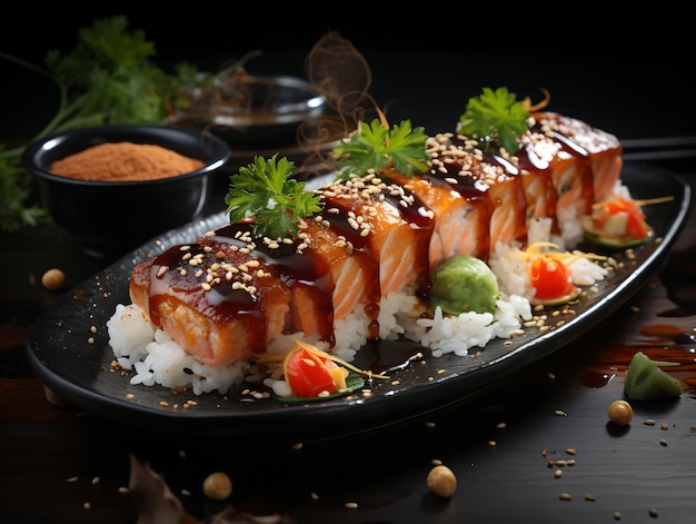 Sushi and fried garlic shrimps prawn on a stone plate with black background