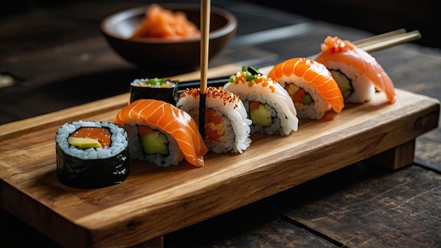 Sushi gepresenteerd op een rustiek houten bedieningsbord met eetstokjes