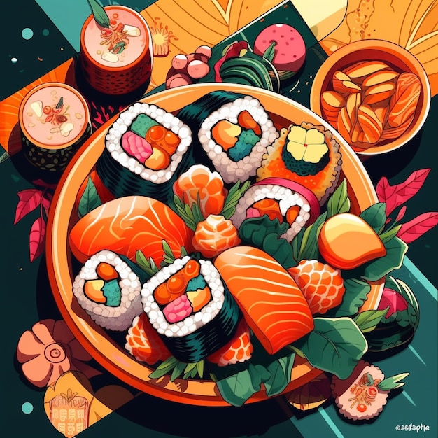 sushi gevangen in pop-artstijl, levendig en levendig