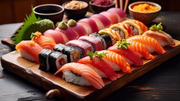 Sushi in een restaurant Mooi serveren Traditioneel Japans eten Rijst en vis
