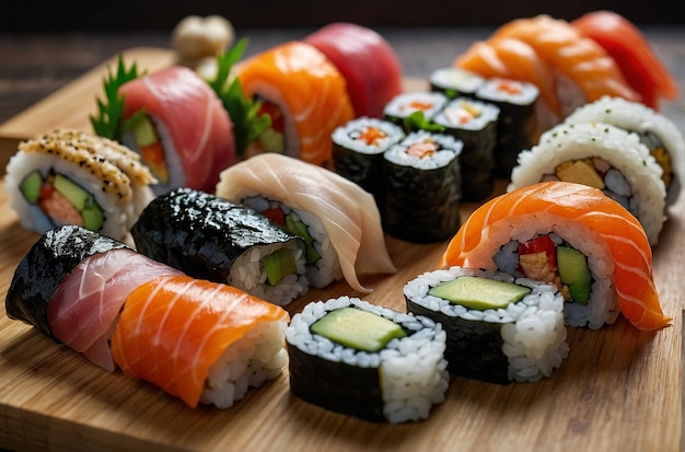 Sushi ingredients arranged artistically on a woode