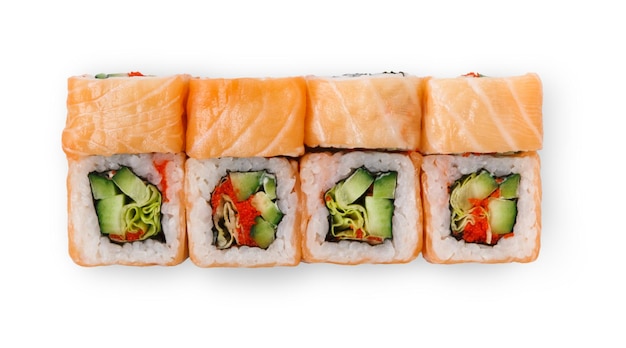Sushi japanese restaurant delivery. Set of salmon and avocado rolls isolated closeup, top view. Healthy food
