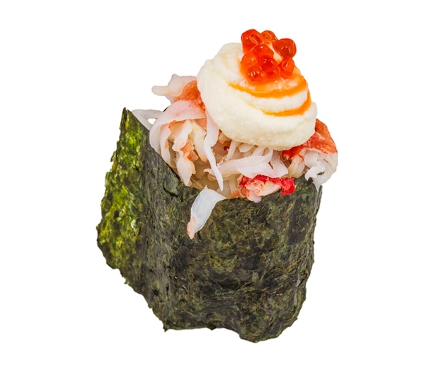 Sushi Kani Met Saus Plakjes Krab Garnalen Geïsoleerd Witte Achtergrond