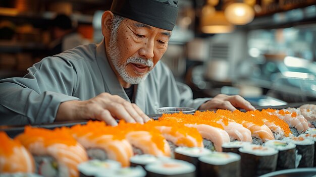 Foto sushi-kunst onthuld getuige een meesterkok die vaardig sushi-rolletjes maakt in een boeiend beeld