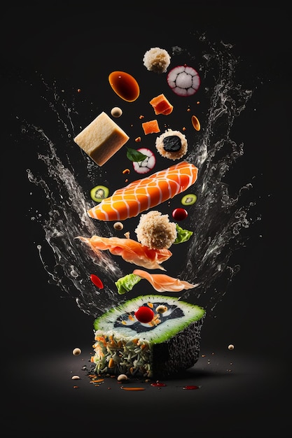 Photo sushi maki pieces flying in air japanese food on black background generative ai