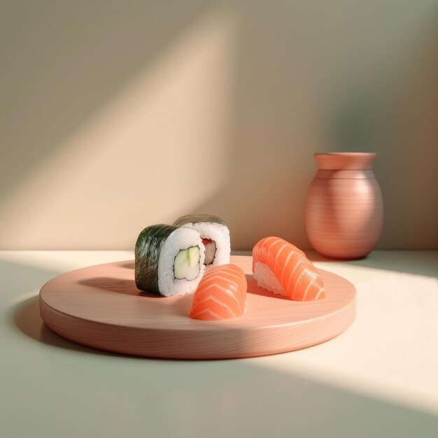 Sushi maki rolls on a wooden table Minimal design pastel green and orange colors Generative AI